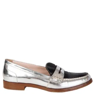 MIU MIU Metallic Silver &amp; Black Loafer 1/2&quot; Platform Leather Stacked Heel 36