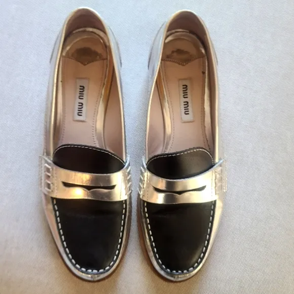 MIU MIU Metallic Silver &amp; Black Loafer 1/2&quot; Platform Leather Stacked Heel 36