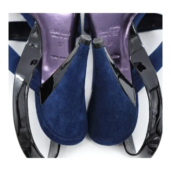 MIU MIU Navy Black Suede Patent Leather Slingback Sandals
