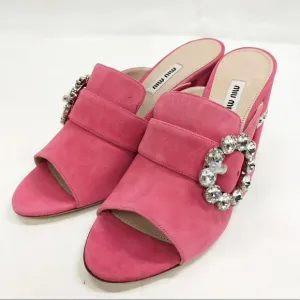 Miu Miu Pink Suede Crystal Embellished Block Heel Sandals Size 39