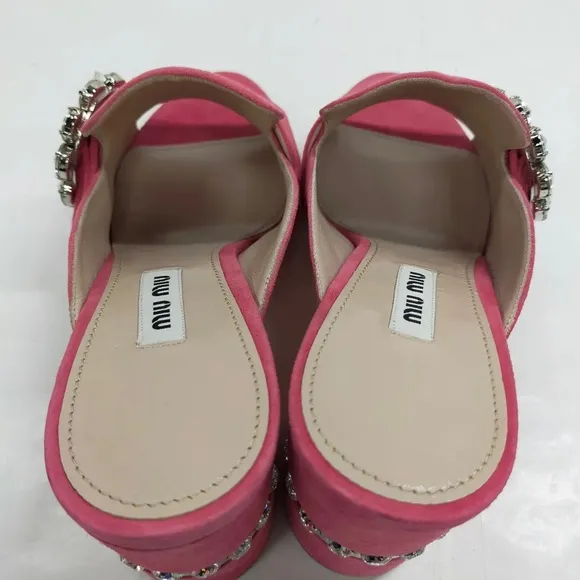 Miu Miu Pink Suede Crystal Embellished Block Heel Sandals Size 39