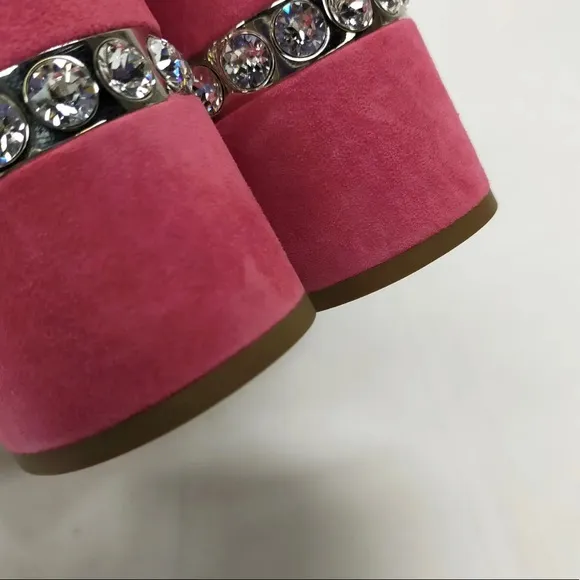 Miu Miu Pink Suede Crystal Embellished Block Heel Sandals Size 39