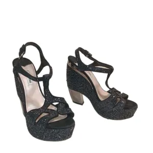 Miu Miu Platform Sandals Womens 8.5 Black Coarse Glitter Curved Heel Slingback