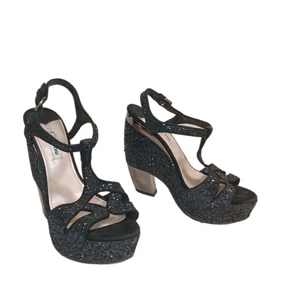 Miu Miu Platform Sandals Womens 8.5 Black Coarse Glitter Curved Heel Slingback