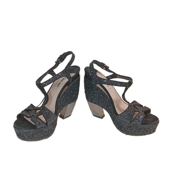 Miu Miu Platform Sandals Womens 8.5 Black Coarse Glitter Curved Heel Slingback