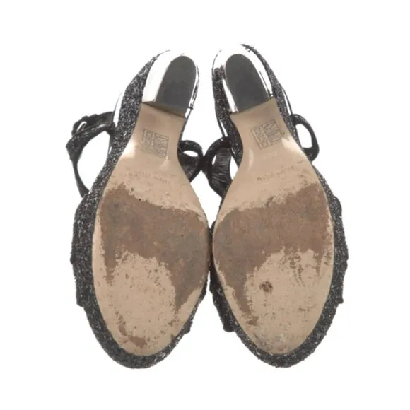 Miu Miu Platform Sandals Womens 8.5 Black Coarse Glitter Curved Heel Slingback