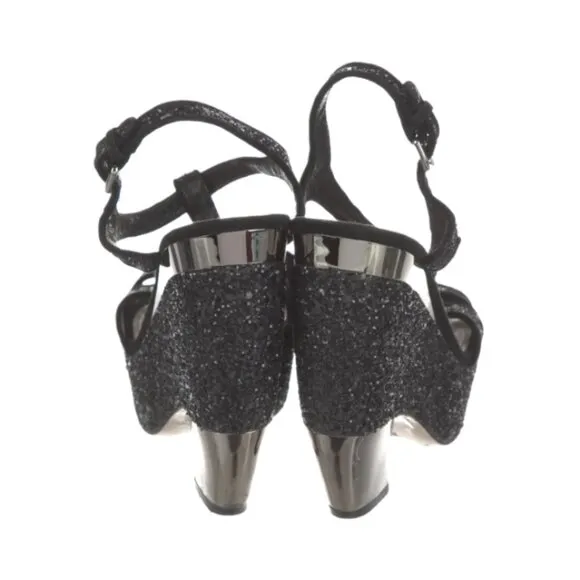 Miu Miu Platform Sandals Womens 8.5 Black Coarse Glitter Curved Heel Slingback