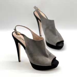 MIU MIU Shoes Womens 38 Gray Black Suede Slingback Platform Heels Peep Toe