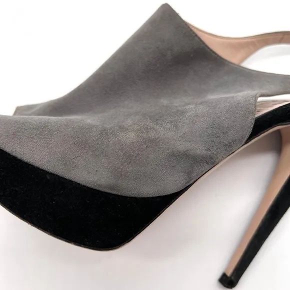 MIU MIU Shoes Womens 38 Gray Black Suede Slingback Platform Heels Peep Toe