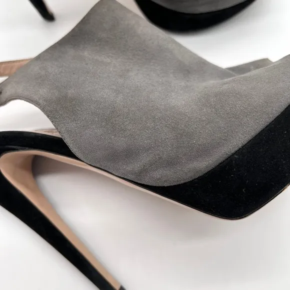 MIU MIU Shoes Womens 38 Gray Black Suede Slingback Platform Heels Peep Toe
