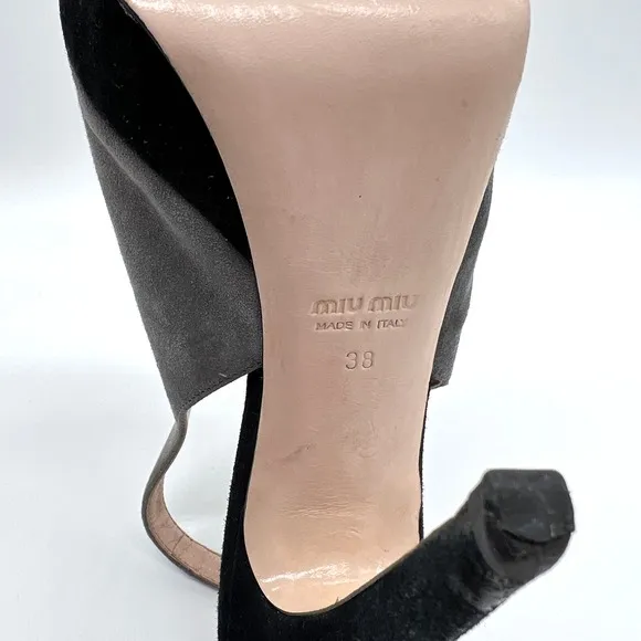 MIU MIU Shoes Womens 38 Gray Black Suede Slingback Platform Heels Peep Toe