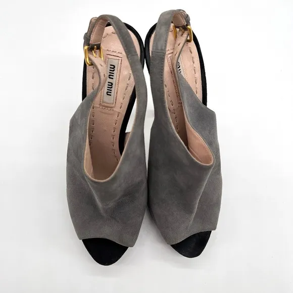 MIU MIU Shoes Womens 38 Gray Black Suede Slingback Platform Heels Peep Toe