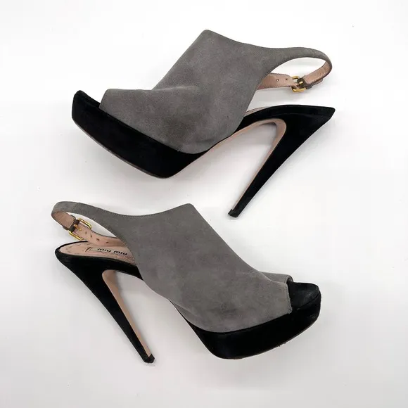 MIU MIU Shoes Womens 38 Gray Black Suede Slingback Platform Heels Peep Toe