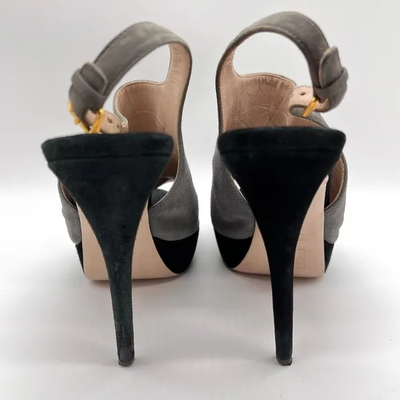 MIU MIU Shoes Womens 38 Gray Black Suede Slingback Platform Heels Peep Toe
