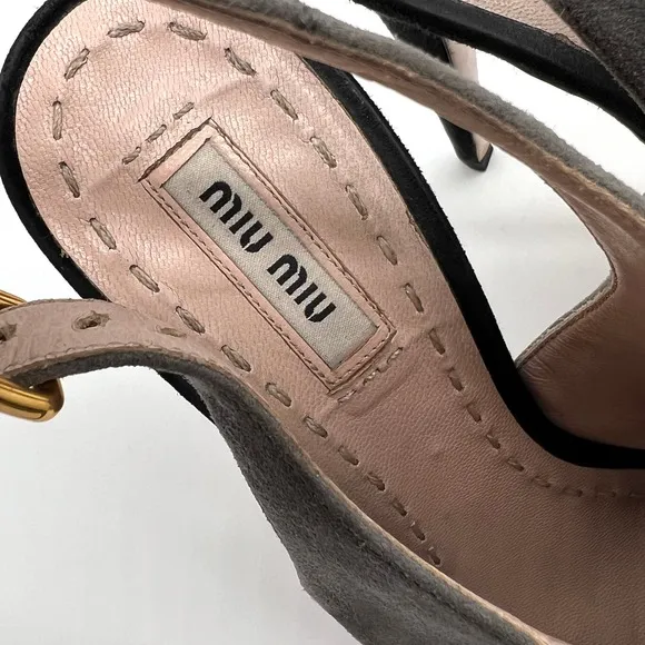 MIU MIU Shoes Womens 38 Gray Black Suede Slingback Platform Heels Peep Toe