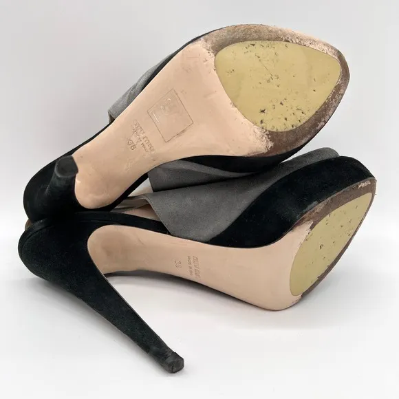 MIU MIU Shoes Womens 38 Gray Black Suede Slingback Platform Heels Peep Toe