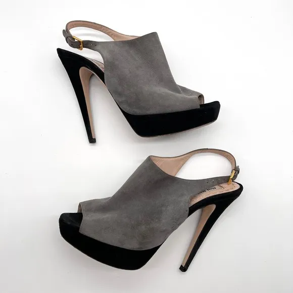 MIU MIU Shoes Womens 38 Gray Black Suede Slingback Platform Heels Peep Toe