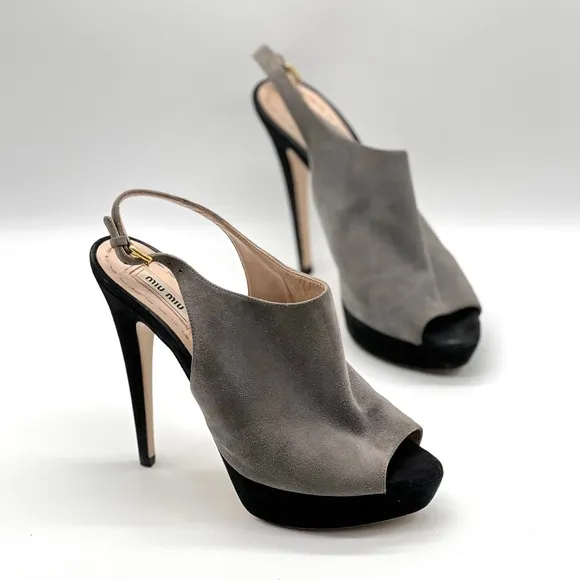 MIU MIU Shoes Womens 38 Gray Black Suede Slingback Platform Heels Peep Toe