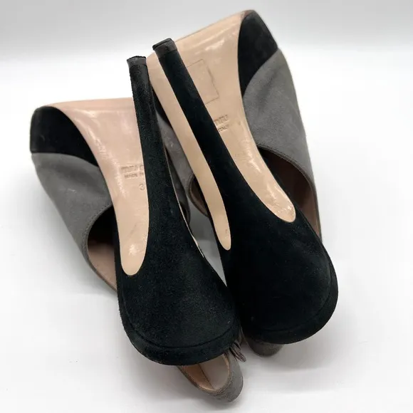 MIU MIU Shoes Womens 38 Gray Black Suede Slingback Platform Heels Peep Toe