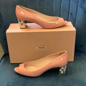 Miu Miu Women's Pink Patent Leather Crystal Heel Pumps Open-Toe size 39