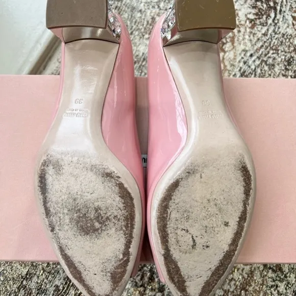 Miu Miu Women's Pink Patent Leather Crystal Heel Pumps Open-Toe size 39