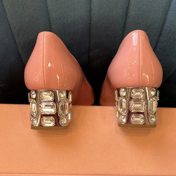 Miu Miu Women's Pink Patent Leather Crystal Heel Pumps Open-Toe size 39