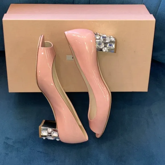 Miu Miu Women's Pink Patent Leather Crystal Heel Pumps Open-Toe size 39