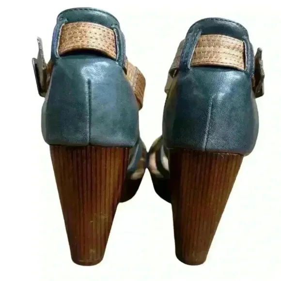 Miz Mooz Petra Retro Mary Jane Blue/Brown Leather Women's Heel Shoes Size 6.5 M