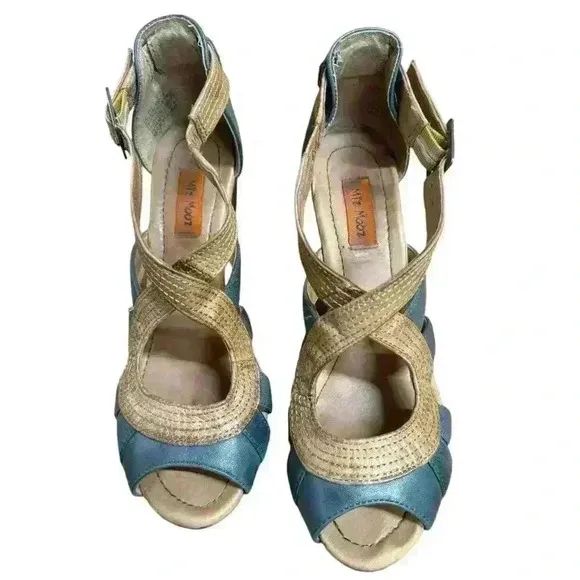 Miz Mooz Petra Retro Mary Jane Blue/Brown Leather Women's Heel Shoes Size 6.5 M