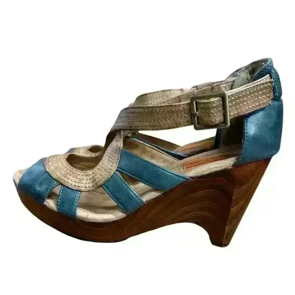 Miz Mooz Petra Retro Mary Jane Blue/Brown Leather Women's Heel Shoes Size 6.5 M