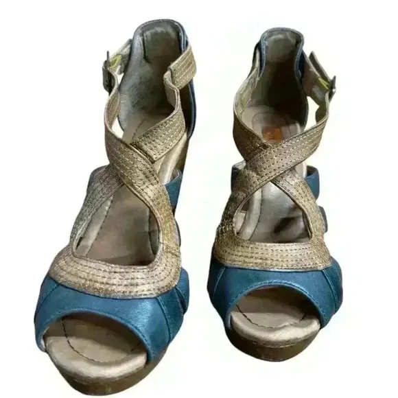 Miz Mooz Petra Retro Mary Jane Blue/Brown Leather Women's Heel Shoes Size 6.5 M