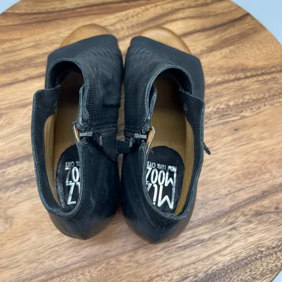 Miz Mooz Sandals Womens Size 7.5 / 38 Black Leather Zip Peep Toe Wedge Booties
