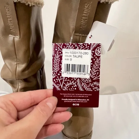 MukLuks Boots Womens Size 9 Taupe Brown Block Heel Lined Water Resistant NWT