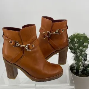 Mulberry Dorset Stacked Heel Buckle Ankle Boots Leather Cognac Size EU 38/ US 7
