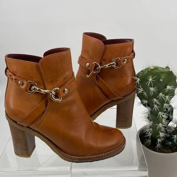 Mulberry Dorset Stacked Heel Buckle Ankle Boots Leather Cognac Size EU 38/ US 7