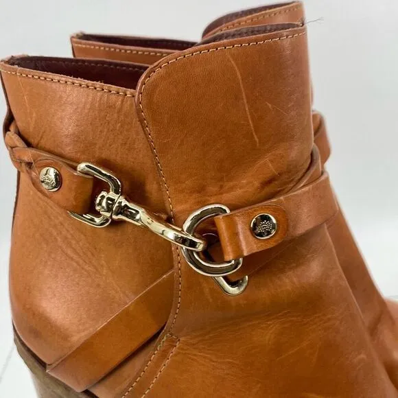 Mulberry Dorset Stacked Heel Buckle Ankle Boots Leather Cognac Size EU 38/ US 7