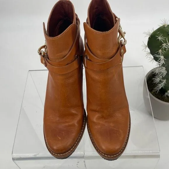 Mulberry Dorset Stacked Heel Buckle Ankle Boots Leather Cognac Size EU 38/ US 7