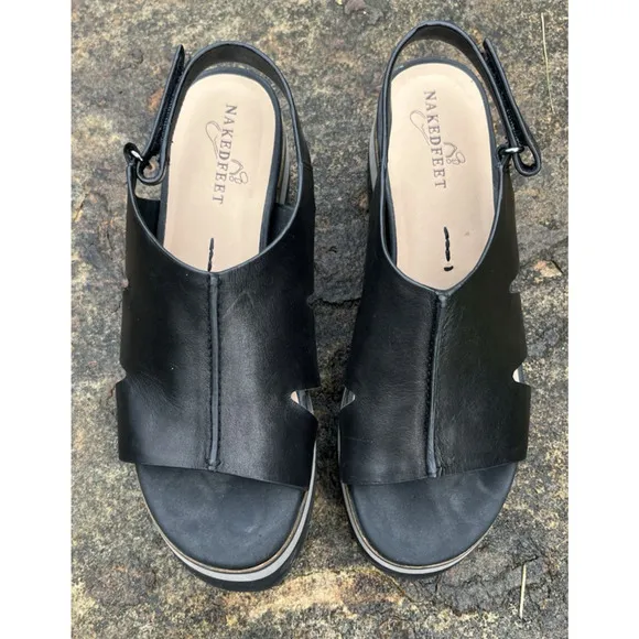 Naked Feet Women's Flow Platform Sandals US Size 8M Black Leather