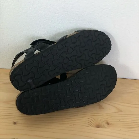 Naot EU 41 US 9.5-10 Black Leather Rhinestone Wedge Sandals Cork Footbed
