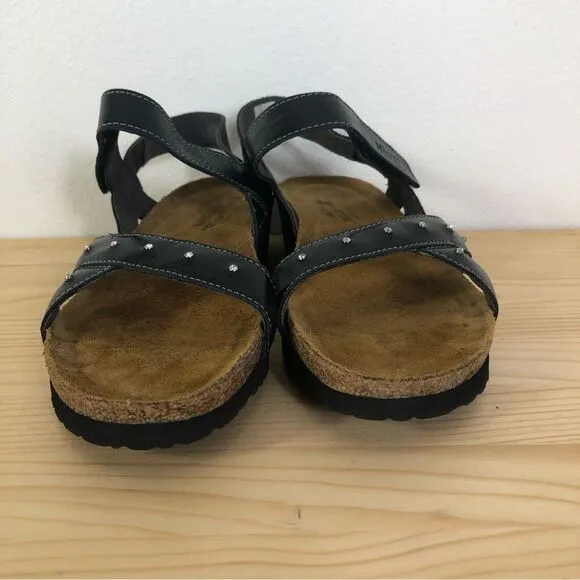 Naot EU 41 US 9.5-10 Black Leather Rhinestone Wedge Sandals Cork Footbed