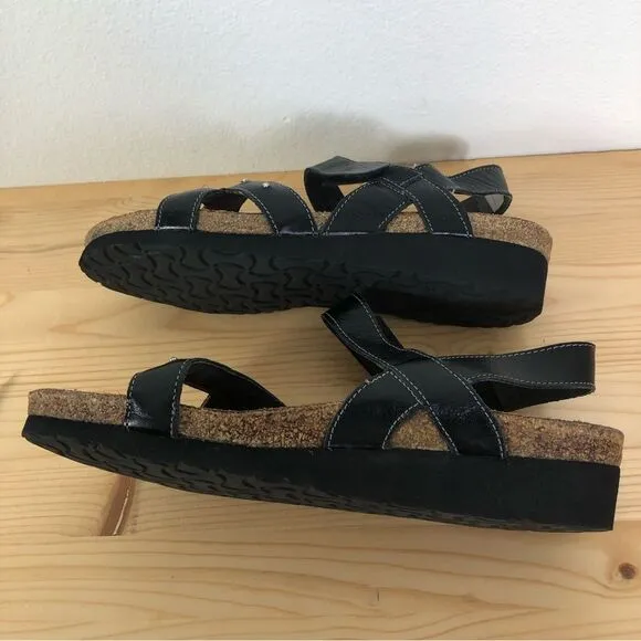 Naot EU 41 US 9.5-10 Black Leather Rhinestone Wedge Sandals Cork Footbed