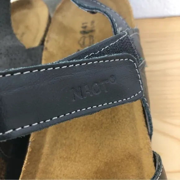 Naot EU 41 US 9.5-10 Black Leather Rhinestone Wedge Sandals Cork Footbed