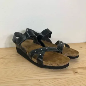 Naot EU 41 US 9.5-10 Black Leather Rhinestone Wedge Sandals Cork Footbed