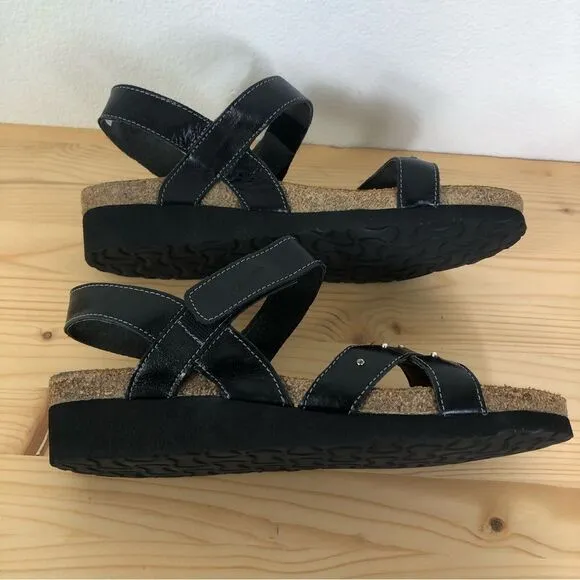 Naot EU 41 US 9.5-10 Black Leather Rhinestone Wedge Sandals Cork Footbed
