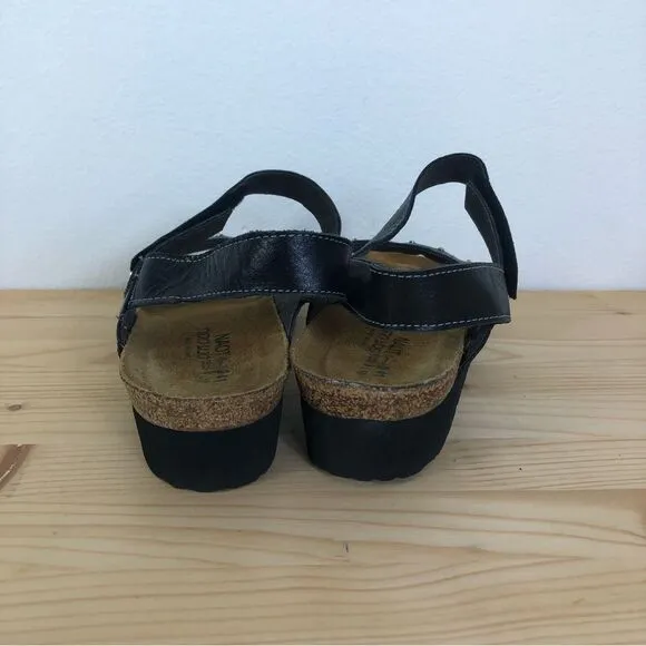 Naot EU 41 US 9.5-10 Black Leather Rhinestone Wedge Sandals Cork Footbed