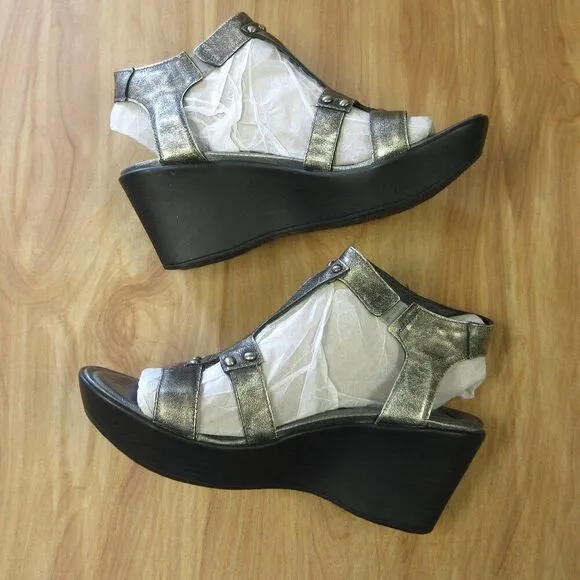 NAOT Flirt Wedge Platform Ankle Strap Sandals Sz 41/10 Metallic Leather Shoes