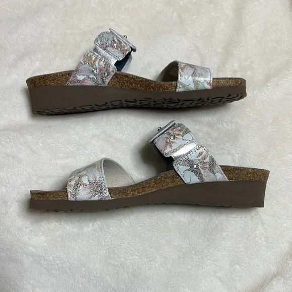 Naot Leather Wedge Slide Sandals Ashley Floral - Medium