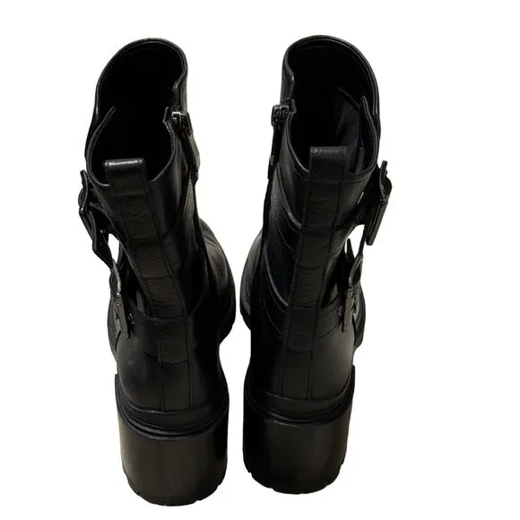 Naturalizer Trina Leather Moto Buckle Block Heel Boots Black Size 8