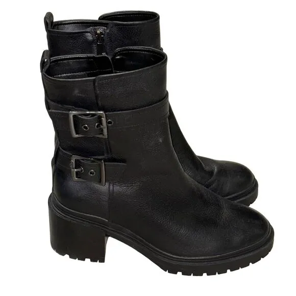 Naturalizer Trina Leather Moto Buckle Block Heel Boots Black Size 8