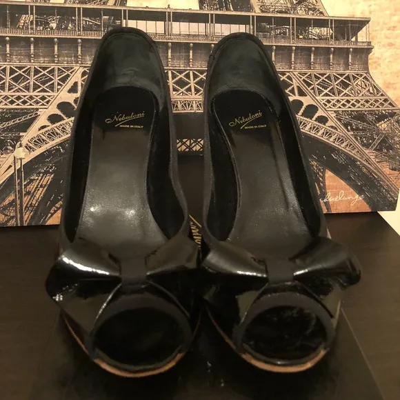 Nebuloni Wedge Patent Leather Peep Toe Heels Bow